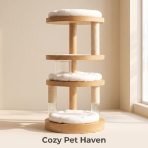 Multi-Layer Solid Wood Cat Tree with Plush Cushion, Natural Sisal Scratching Post, Transparent Acrylic Support Aesthetic Cat Tower for Indoor Multi-Cat Households